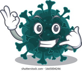 Coronavirus COVID 19 mascot cartoon design showing Call me gesture