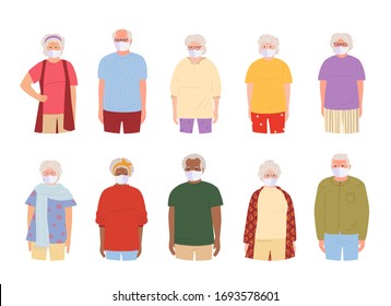 Coronavirus Covid 19, old people white medical face mask. Flat cartoon style. International older people wearing masks. grandmother grandfather protected virus, flu, stop pandemic. Silver generation