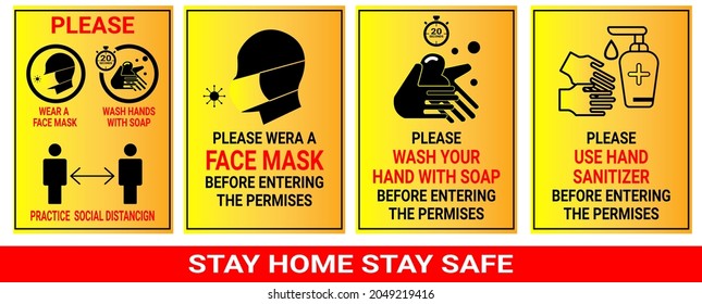 Coronavirus Covid 19 pandemic banner. Quality design elements mask, distance, wash disinfect hands, stay home with editable Stroke