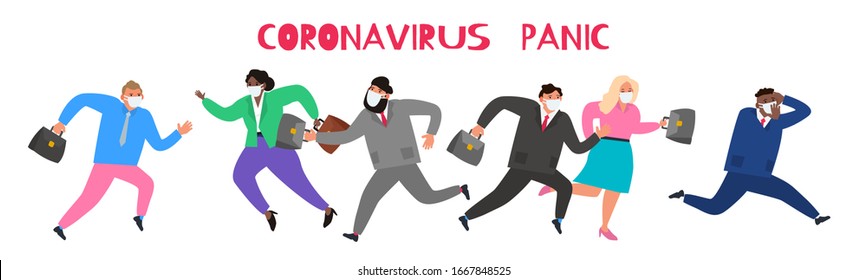 Coronavirus Covid 19 Panic Business People  In Protective Masks Running Vector Illustration