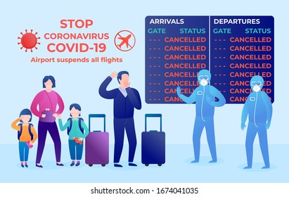 Coronavirus covid- 19. People at the airport. Vector flat illustration. Display board Cancelled. Airport suspends all flights quarantine. Ban Arrivals and departures aircraft