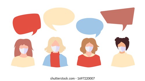 Coronavirus Covid 19, people student in white medical face mask. Speech bubble icon dialogue discussion. International woman in facemask debate. Stop pandemic. Vector illustration