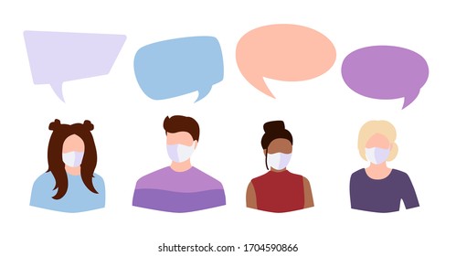 Coronavirus Covid 19, people student in white medical face mask dispute. Speech bubble icon dialogue discussion. International men woman in facemask debate. Stop pandemic. Vector illustration