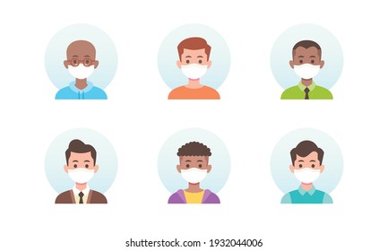 Coronavirus covid 19 prevention people male character avatar wearing white medical face mask new normal global pandemic situation flat vector illustration