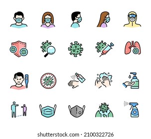 Coronavirus Covid 19 protection colored icons set isolated on white. Quality symbol elements for all health medicine and pandemic media design. 