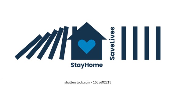 Coronavirus, covid 19 protective or social distancing concept. Stay home, save lives quote. House with heart inside as domino fall obstacle. Stay home, save lives typography. Vector illustration