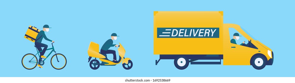 Coronavirus, covid 19 quarantine delivery. Online order and food or product express delivery concept. Courier with medical, protective, respiratory mask driving bicycle, bike, car. Vector illustration