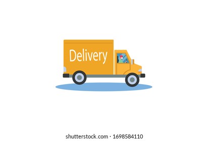 Coronavirus, covid 19 quarantine delivery. Online order express delivery concept. Courier with medical, protective mask driving delivery car. Vector flat illustration.