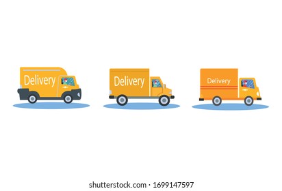 Coronavirus, covid 19 quarantine delivery. Online order express delivery concept. Couriers with medical, protective mask driving delivery cars set. Vector flat illustration.