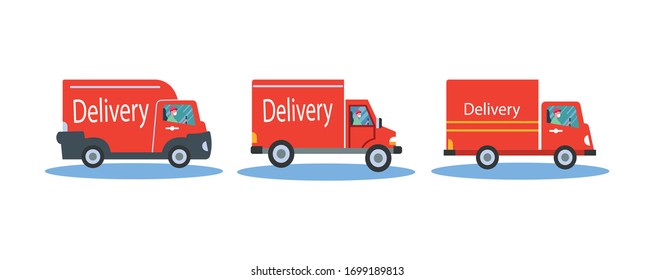 Coronavirus, covid 19 quarantine delivery. Online order express delivery concept. Couriers with medical, protective mask driving delivery cars set. Vector flat illustration.