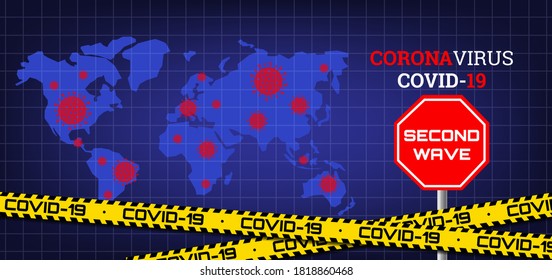 coronavirus covid 19 second wave outbreak world map with yellow tapes  copy space horizontal banner 