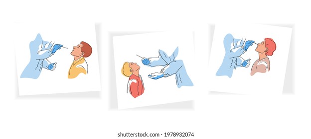  Coronavirus Covid 19 testing.Health Professional introducing nasal swab to patient.PCR test line drawing 