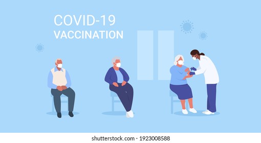 Coronavirus Covid 19 vaccination. Old people. Elderly virus protection. Vector