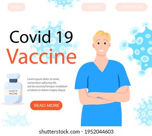 Coronavirus Covid 19 vaccination website background. Health care campaign medical banner. Colorful vector flat illustration.