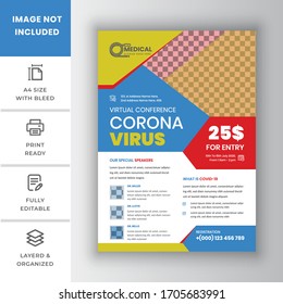 Coronavirus and Covid 19 virtual Conference Flyer Template Design with a4 size,Flyer design for Covid-19 Coronavirus concept, COVID-19 dangerous virus flyer poster brochure illustration Editable