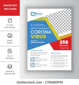 Coronavirus and Covid 19 virtual Conference Flyer Template Design with a4 size,Flyer design for Covid-19 Coronavirus concept, COVID-19 dangerous virus flyer poster brochure illustration Editable