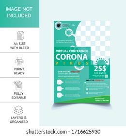 Coronavirus and Covid 19 virtual Conference Flyer Template Design with a4 size,Flyer design for Covid-19 Coronavirus concept, COVID-19 dangerous virus flyer poster brochure illustration Editable