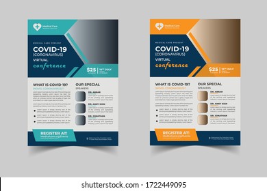 Coronavirus and Covid 19 virtual Conference Flyer Template Design with a4 size,Flyer design for Covid-19 Coronavirus concept, COVID-19 dangerous virus flyer poster brochure illustration Editable