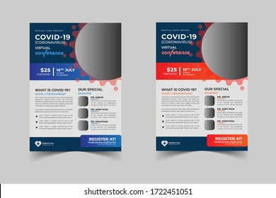 Coronavirus and Covid 19 virtual Conference Flyer Template Design with a4 size,Flyer design for Covid-19 Coronavirus concept, COVID-19 dangerous virus flyer poster brochure