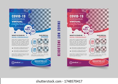 Coronavirus and Covid 19 virtual Conference Flyer Template Design with a4 size,Flyer design for Covid-19 Coronavirus concept, COVID-19 dangerous virus flyer poster brochure