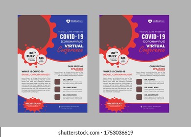 Coronavirus And Covid 19 Virtual Conference Flyer Template Design With A4 Size,Flyer Design For Covid-19 Coronavirus Concept, COVID-19 Dangerous Virus Flyer Poster Brochure