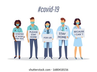 Coronavirus Covid 2019. Médicos con afiches.Quédate En Casa. Cuarentena. Vector
