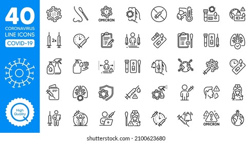 Coronavirus Covid line icons set. Coronavirus protection, Pneumonia virus and Omicron covid test. Medical mask, washing hands, swab pcr test. Stay home, vaccine booster, antiseptic sanitizer. Vector