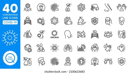 Iconos de línea de Covid de Coronavirus. Protección contra el coronavirus, Virus de la neumonía y test de Omicron covid. Máscara médica, lavarse las manos, frotar el pcr. Quédate en casa, vacuna de refuerzo, antiséptico. Vector