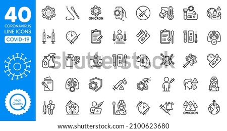 Coronavirus Covid line icons set. Coronavirus protection, Pneumonia virus and Omicron covid test. Medical mask, washing hands, swab pcr test. Stay home, vaccine booster, antiseptic sanitizer. Vector [[stock_photo]] © 