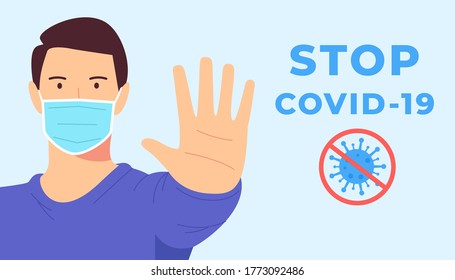 Coronavirus, covid, nCoV, stop, concepto de protección de la salud. Protección contra la ilustración de coronavirus. Hombre con máscara facial para 2019ncov, 2019. Cuarentena médica. Seguridad sanitaria preventiva. Vector