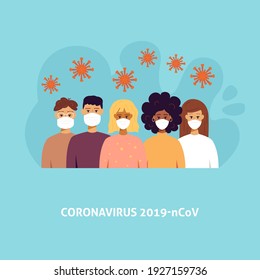 Coronavirus Covid People with Masks. Vector Illustration of Trendy Epidemic Prevention.