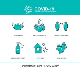 Icono de consejos de prevención de Covid de Coronavirus, cómo prevenir la plantilla. Máscara de ilustración vectorial de Wuhan, lavar las manos, mantener la distancia, quedarse en casa.