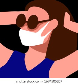 Coronavirus CoVID. Young woman with glasses and a surgical mask. Vector flat simple illustration. Quarantine has spoiled travel vacation because of coronavirus outbreak. Pandemic COVID-19.