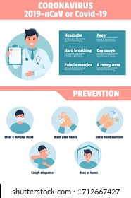 Coronavirus Covid-19 or 2019-ncov Infographic showing Prevention and Symptoms