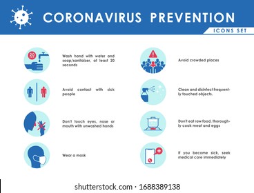 Coronavirus (Covid-19 or 2019-ncov) Prevention icons set for infographic. Vector. Eps 10.