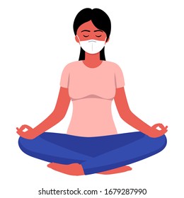 Coronavirus covid-19 2019-nCoV quarantine illustration. Young beautiful woman doing meditation at home in mask) .Corona virus self-quarantine. Isolation period at home. Healthy lifestyle and home yoga