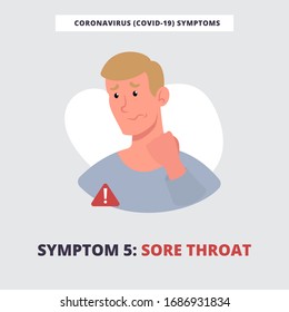 Coronavirus (Covid-19, 2019-nCov) symptoms infographics. Identification of coronavirus infection. Man has sore throat. Vector flat illustrations of coronavirus manifestation.