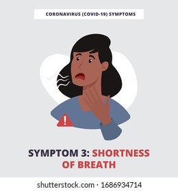 Coronavirus (Covid-19, 2019-nCov) symptoms infographics. Identification of coronavirus infection. Woman has shortness of breath. Vector flat illustrations of coronavirus manifestation.