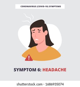 Coronavirus (Covid-19, 2019-nCov) symptoms infographics. Identification of coronavirus infection. Woman has headache. Vector flat illustrations of coronavirus manifestation.