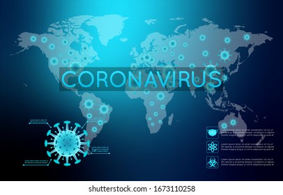 Coronavirus COVID-19 Abstract Background. Infographic Element Map. Virus Icon With Text. Coronavirus Abstract Background. Blurred Coronavirus COVID-19 Bacteria Cell. World Vector Map. Vector Eps10