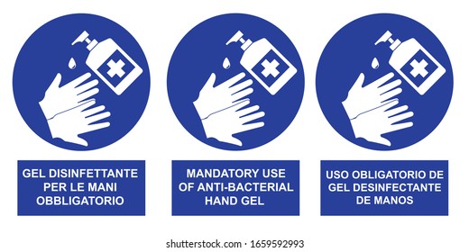 Coronavirus Covid-19 anti-bacterial hand gel sign in italian, spanish and english