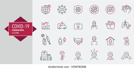 Coronavirus COVID-19 associated with respiratory pneumonia pandemic vector icons. Icons symptoms, transmission, prevention, treatment, virus, contagious, infection 2019-nCoV