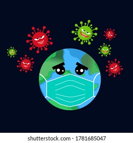 Coronavirus or covid-19 attack concept. Afraid / Sadr cartoon Earth with medical mask surrounded by red and green virus. Earth fight against corona virus. Vector illustration.