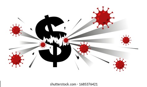 Coronavirus COVID-19 attack the dollar sign. Dollar as a World currency symbol crashing down because of pandemic. Illustration of financial crisis and global recession
