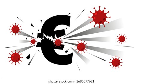 Coronavirus COVID-19 attack the euro sign. Euro as a currency symbol crashing down because of pandemic. Illustration of financial crisis and global recession