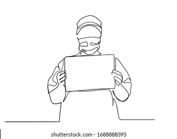 Coronavirus Covid-19 awareness campaign for social media with doctor: I stay at work for you, you stay at home for us concept. doctor in protective suit standing with sign. line vector illustration. 