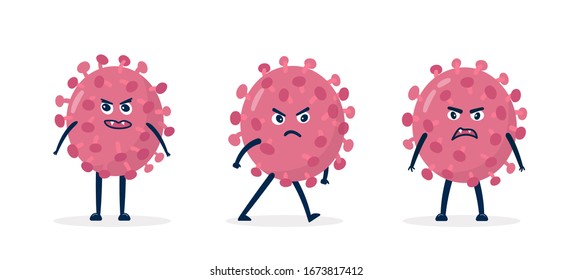 Coronavirus - COVID-19 Bacteria vector icons set. Angry cartoon virus character 2019-nCoV signs.