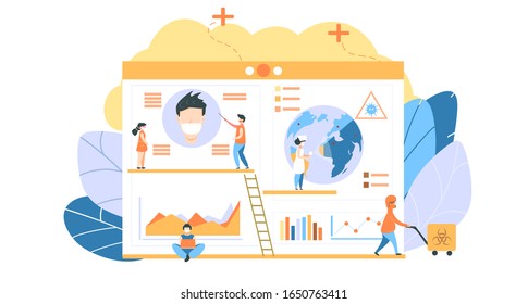 Coronavirus Covid-19 banner. People in sterile masks fight virus. Disinfection landing page. Teacher explains children about viruses. Doctor with infrared thermometer. Spread of disease around world.