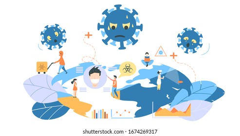 Coronavirus Covid-19 banner. People in sterile masks fight virus. World is fighting coronavirus and starting to win. Virus is retreating. Doctor with infrared thermometer. Spread of disease.