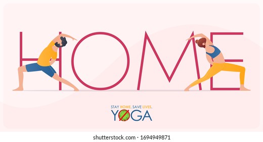 Coronavirus or covid-19 banner in stay home and do yoga concept. Couple yoga poses workout for stop coronavirus banner template design for headline news. Vector illustration.